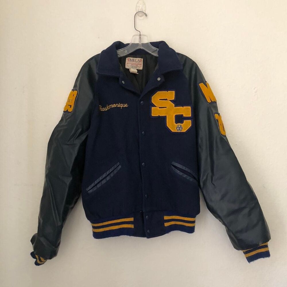 90s Meca Sportswear Collegiate Navy yellow varsity bomber jacket Size L